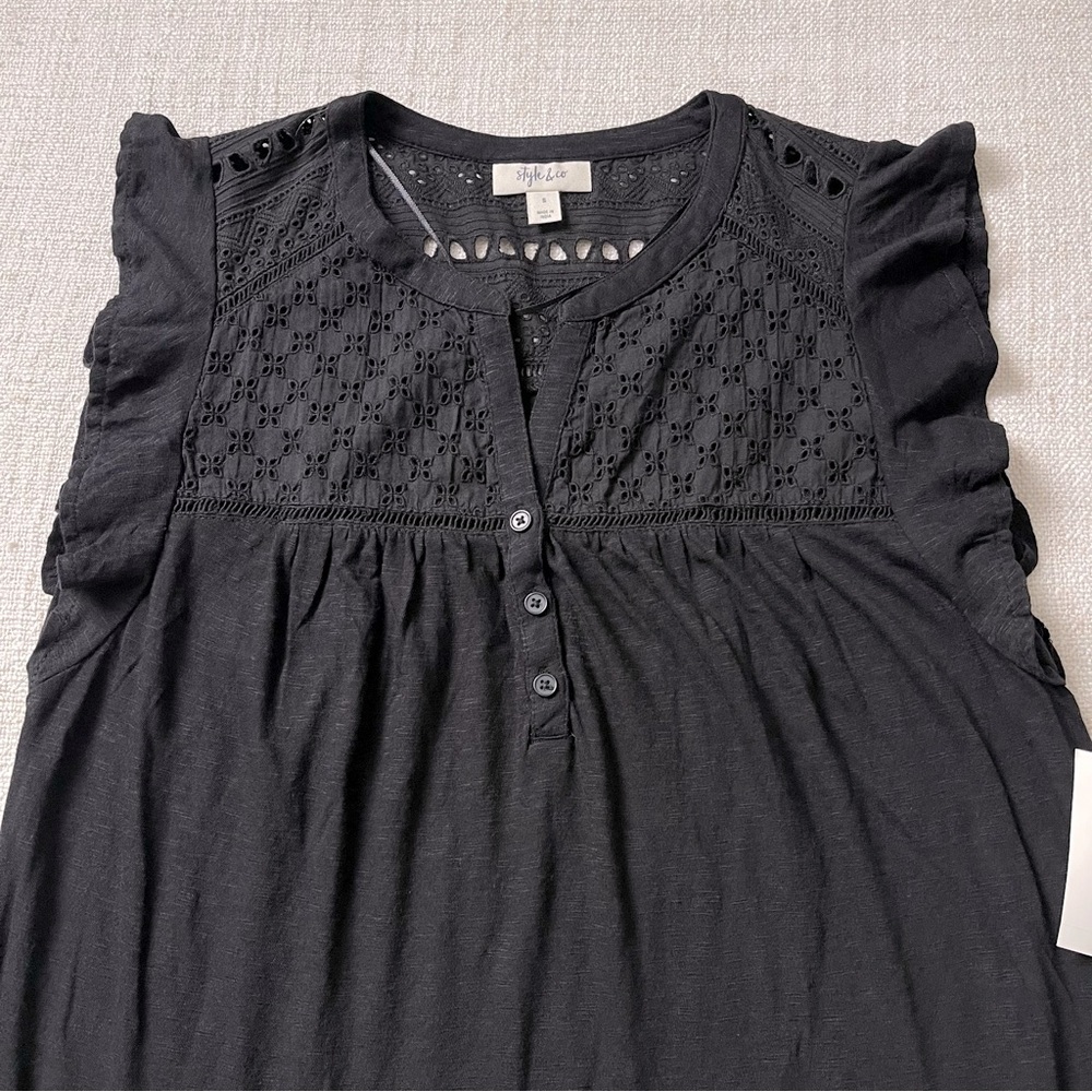 Style & Co. Eyelet Flutter Sleeve Black Top - Picture 4 of 6